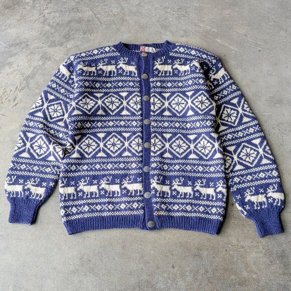 Vintage Norway Design Handknit Blue White Fair Isle Moose Wool Cardigan Sweater - Picture 1 of 10